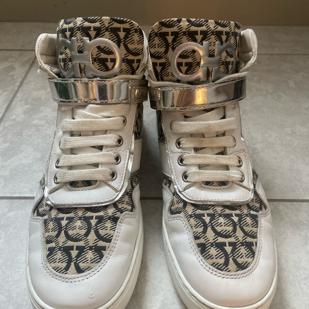 Salvatore Ferragamo White and Metallic Sneakers